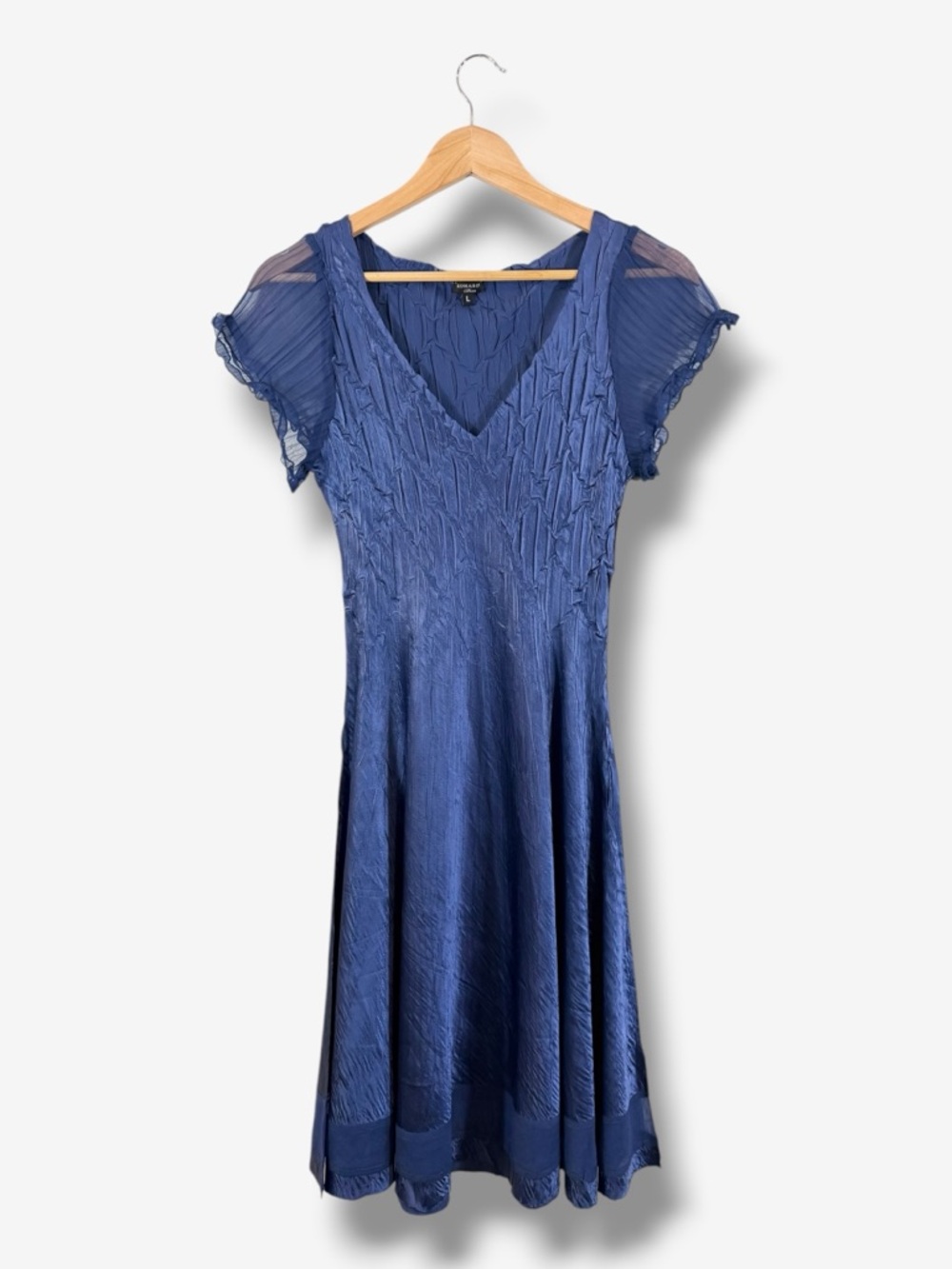 Komarov Blue Midi Dress Size L Fit & Flare Crinkle Sheer Trim V-Neck Feminine